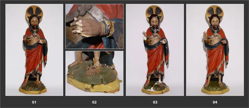 Abbildungen der Christusfigur, um 1420, St. Sixti-Kirche in Northeim, restaurierter Sturzschaden